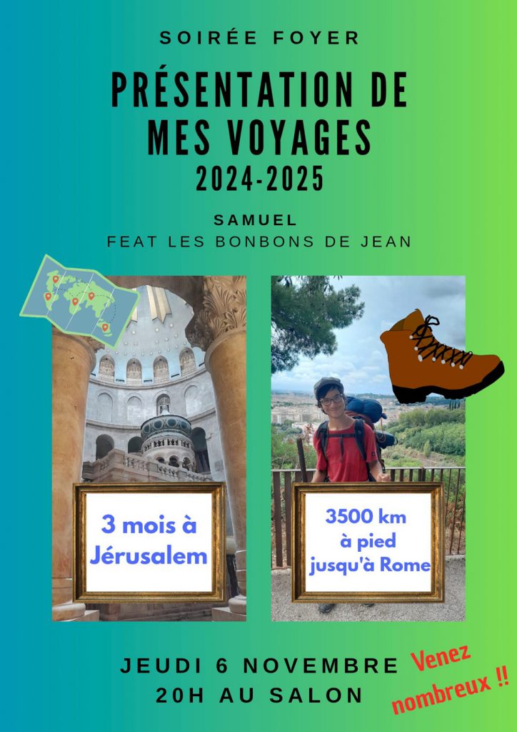 Samuel a témoigné de son voyage à Jérusalem, de la lumière des lieux sacrés et de la paix partagée auprès des sœurs. Il a ensuite évoqué sa marche depuis la Bretagne jusqu’à Rome, un pèlerinage vécu comme un chemin de foi, de dépouillement et de rencontre intérieure.